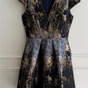 Vince Camuto navy blue and Gold Metallic Fit-and-Flare Mini Dress